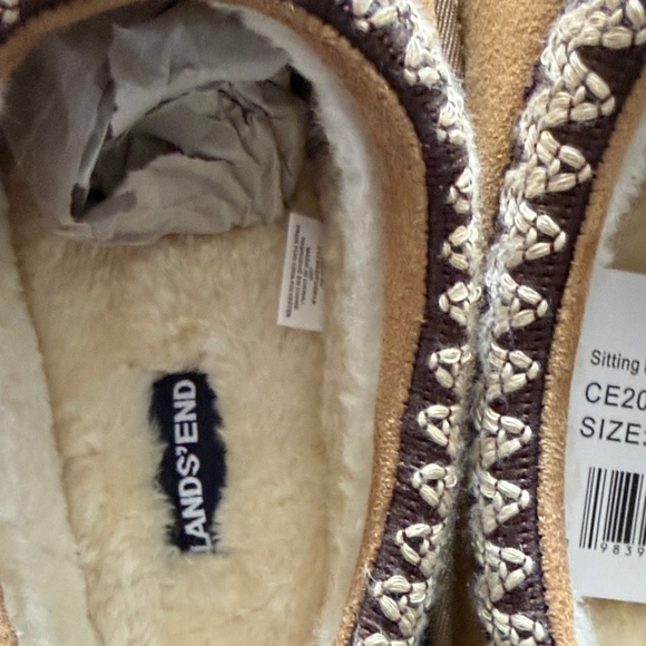 Lands' End Tan Suede Slippers with Patterned Trim - Picture 3 of 9